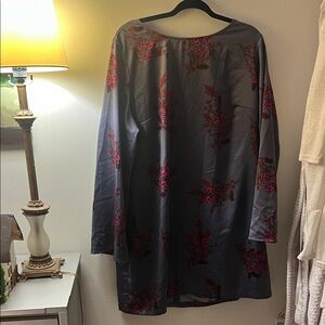 Chic Long Sleeve Blue-Purple Dress with Red Floral Accents